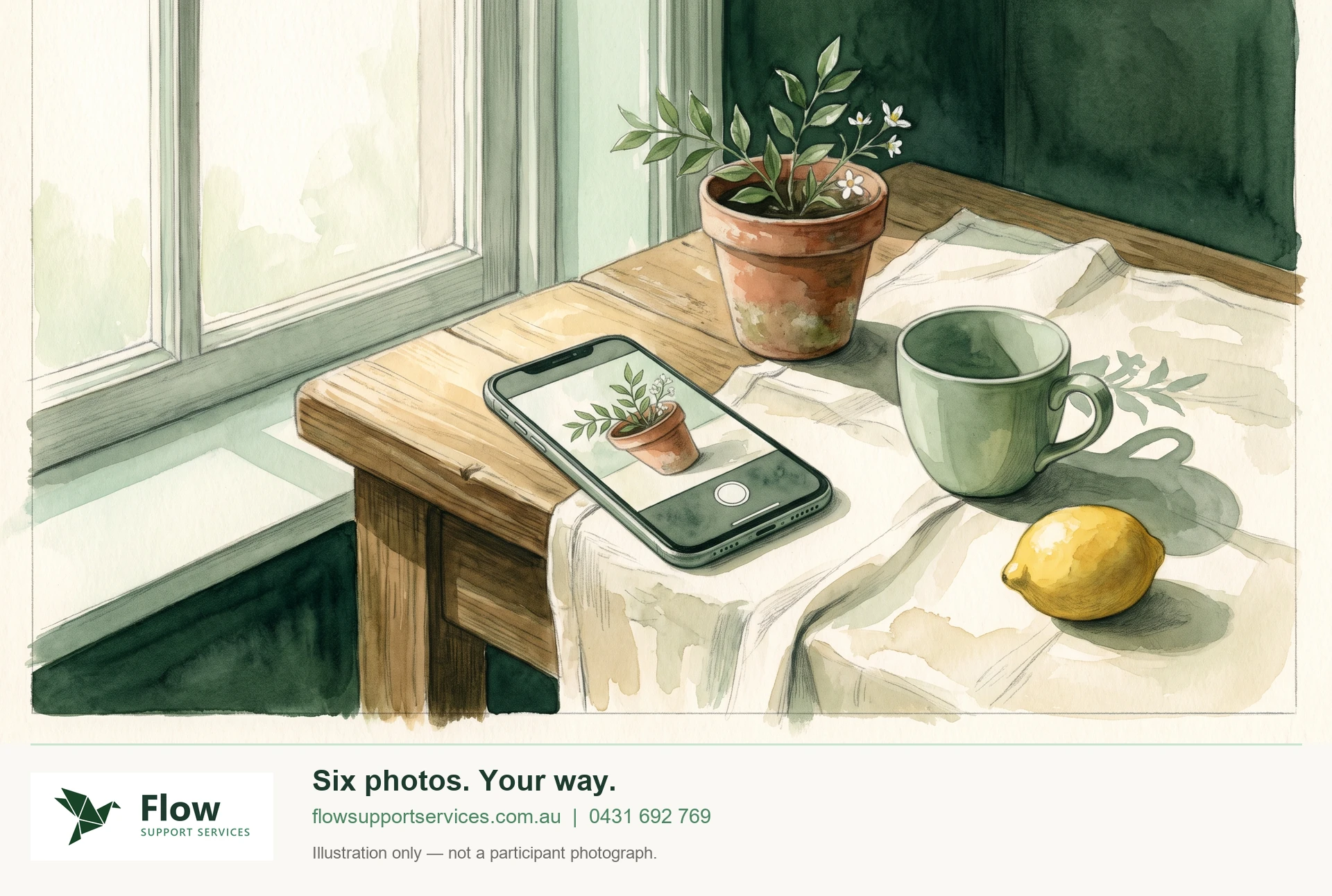 A phone, a leafy pot and everyday objects in a warm painterly still life. Gemini-generated illustration with Flow branding; not a participant photograph.