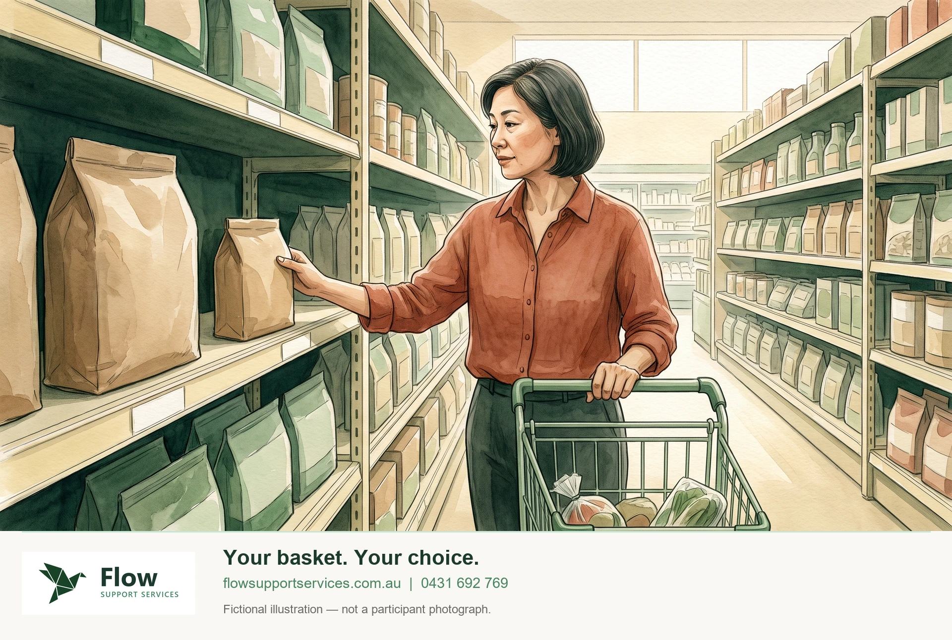 A fictional adult shopper considers different packet sizes in a supermarket aisle. Gemini-generated illustration with Flow branding; not a participant photograph.