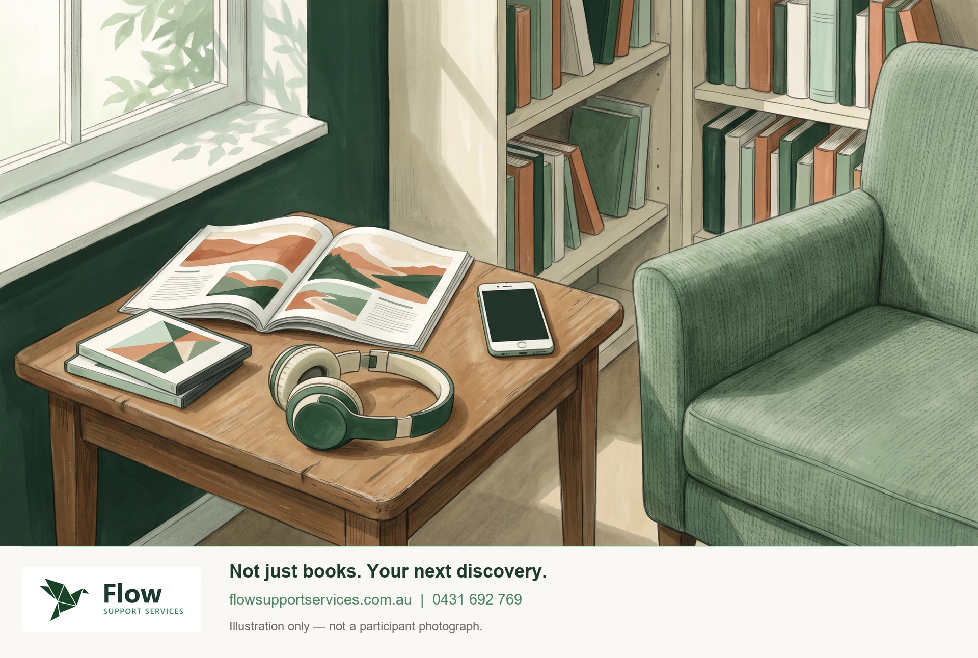 An illustrated library nook with a magazine, headphones and a phone, finished with the actual Flow Support Services logo. Fictional setting; not a participant photograph or a depiction of a particular library.